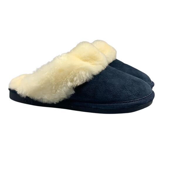 Old Friend Womens Old Scuff Slippers Size L 9.5-10.5 Blue Leather Sheepskin Mule - Picture 1 of 9